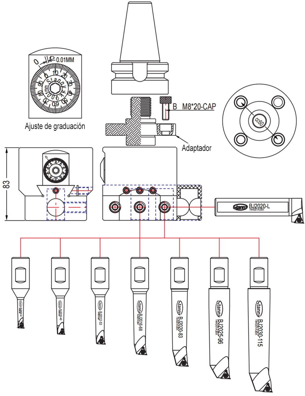 Diagrama del set de Mandrinado Diagrama set CAT40 NBH2084 Stanny Mandrinado Ø de trabajo 8-280mm